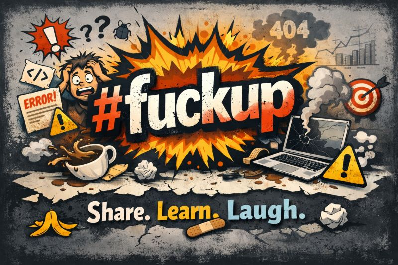 Illustrasjon med teksten #fuckup – Share. Learn. Laugh.