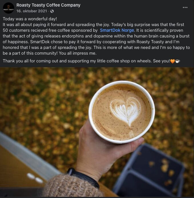 Innlegg fra kaffevogna Roasty Toasty Coffee Company om gratis kaffe en lørdag