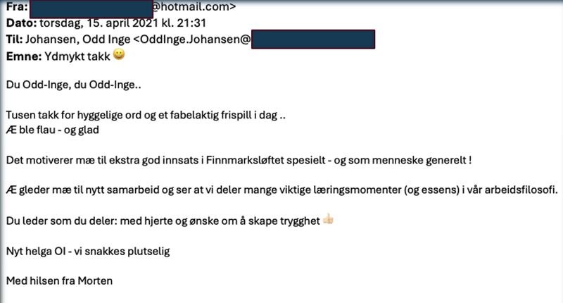 E-post med en varm tilbakemelding fra Morten